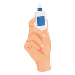 Human hand holding a small glue bottle with blue label, flat graphic style on white background. Concept of tool, adhesive, crafting. Vector illustration