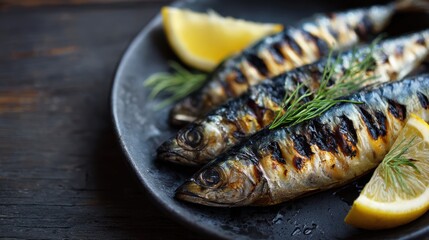 Foods reduce stroke risk. Grilled fish on a black plate with lemon and herbs garnishing.