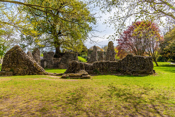 A view across the Abbey gardens towards the abbey ruins at Bury Saint Edmunds on a bright day in springtime