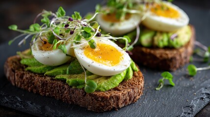 Foods reduce stroke risk. Avocado toast topped with soft-boiled eggs and microgreens on dark bread.