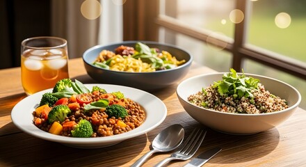 Fototapeta premium A culinary arrangement showcasing a variety of dishes including pasta salad and quinoa with fresh ingredients on a wooden table near window with a glass of juice and blurred background.