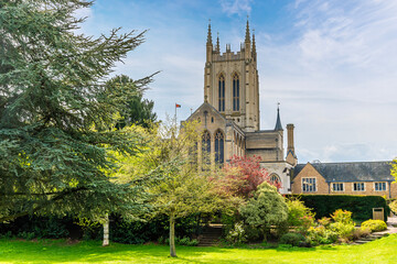 A view towards the Cathedral from the Abbey gardens at Bury Saint Edmunds on a bright day in springtime