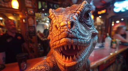 A lifelike dinosaur head prominently displayed in a vibrant bar setting, adding an element of surprise and whimsy to the lively atmosphere.