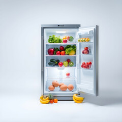 open fridge with fresh fruits and vegetables. refrigerator with healthy food. open fridge with fresh fruits and vegetables. refrigerator with healthy food.