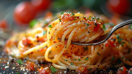 A tantalizing close-up of a forkful of spaghetti, exquisitely garnished with fresh tomatoes and herbs, presenting an appetizing dish that showcases culinary mastery and flavor.