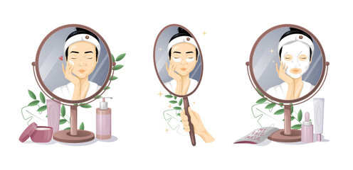 Set of Korean woman doing skincare spa routine and reflecting in the mirror