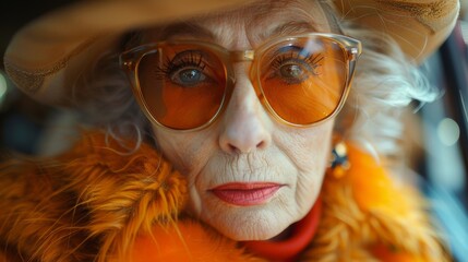 An elderly woman exuding confidence and style, dressed in vibrant hues and bold accessories, showcasing the beauty of aging gracefully in an artistic light.