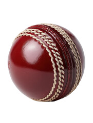 A close up shot of a red cricket ball with white stitching on a plain black background in studio lighting