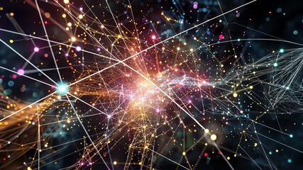 Dynamic particle explosion with vibrant light trails and radiant bursts in motion sequence. Big data visualization - Powered by Adobe