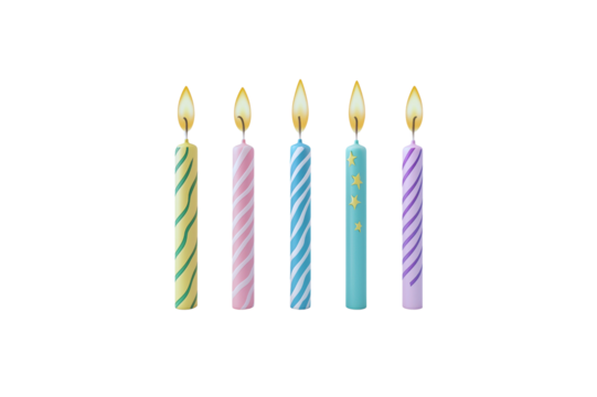 Five Colorful Striped Birthday Candles Lit Alight Celebration Festive Party Decorations