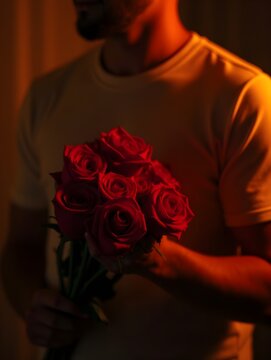 A man holds a bouquet of red roses close to his chest while softly lit warm lighting creates a dreamy atmosphere, perfect for an emotional celebration of love and connection