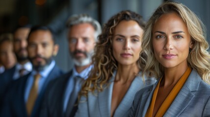 Fototapeta premium A diverse group of professionally dressed individuals stands confidently together, showcasing unity and collaboration in a business environment, ideal for corporate imagery.