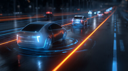 Fototapeta premium holographic interface, smart road with digital lanes, glowing sensors detecting surroundings, high-tech transportation scene