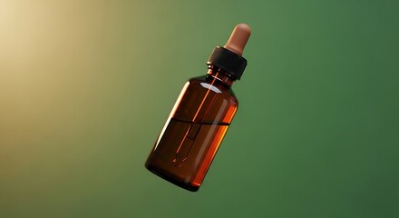 Amber Glass Dropper Bottle with Liquid on Green and Gold Background