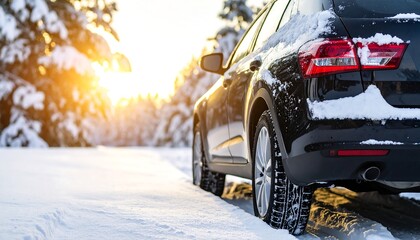 Winter car with snowy road, and sunset.