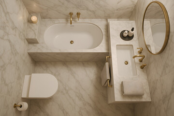Fototapeta premium Modern marble bathroom with gold accents, showcasing a minimalist design.
