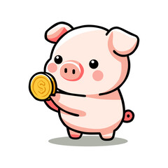 Naklejka premium Cute Piggy Bank Holding a Gold Coin