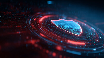 Cybersecurity AI system scanning digital network, glowing shield icon, binary code, facial recognition grid