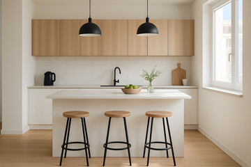 Modern minimalist kitchen interior with wooden elements and bar stools.