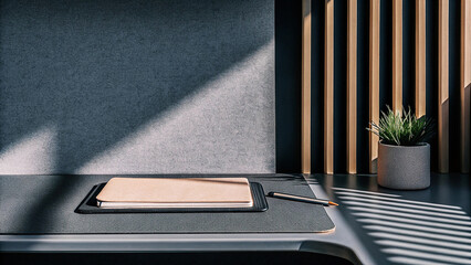 Minimalist Workspace with Notebook, Pen, and Green Plant on Soft Gray Desk – Clean, Calm Studio Photo with Natural Light