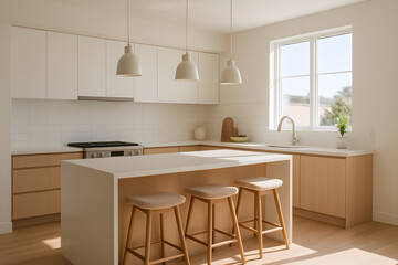 Modern minimalist kitchen interior with natural light and wooden furniture.