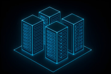 Isometric illustration of glowing servers in a data center.
