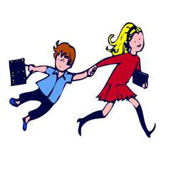 Girl dragging reluctant boy to school