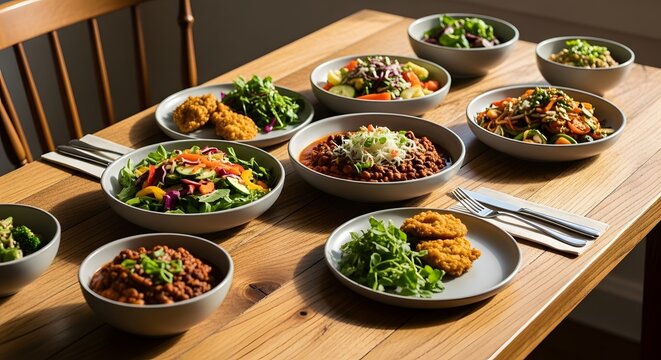 Variety of fresh colorful healthy food bowls arranged on a wooden table, top-down view showcases diverse salads and meals for a balanced diet, natural lighting highlights the appetizing presentation.