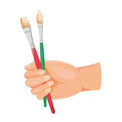 Hand gripping two paintbrushes with red and green handles in flat style on white background. Concept of art, creativity, and painting. Vector illustration