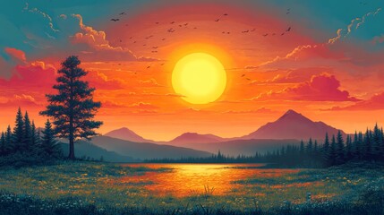 Vibrant Sunset Over Tranquil Lake with Majestic Mountain Range