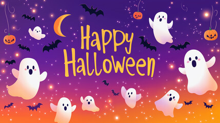 Cute halloween ghosts bats and pumpkins illustration with sparkling background for celebration