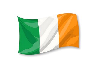 Waving Irish flag, green, white, and orange vertical stripes, national symbol of Ireland.
