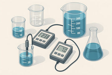 Illustration of laboratory equipment with beakers, flasks, and measurement devices.