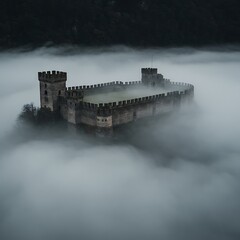 Naklejka premium Fog Covered Castle in an Enigmatic Mysterious Landscape