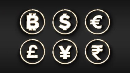 Animation of various currency icons in gold and white / Abstract golden animation - Powered by Adobe