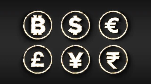 Animation of various currency icons in gold and white / Abstract golden animation