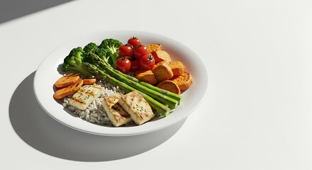 Healthy and Delicious Vegetarian Meal Roasted Sweet Potatoes, Grilled Halloumi, and Colorful Vegetables