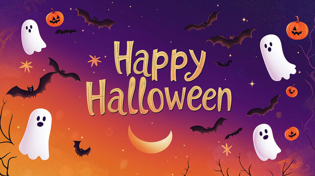 Festive halloween illustration featuring ghosts bats pumpkins and happy halloween text