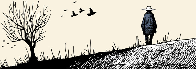 Fototapeta premium Silhouette solitaire contemplant l'horizon dans un paysage minimaliste