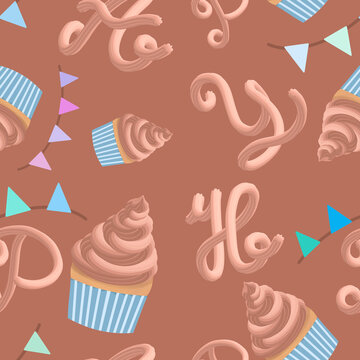 Cup cake top with chocolate moose and party flag patter and happy word mocha moose color theme