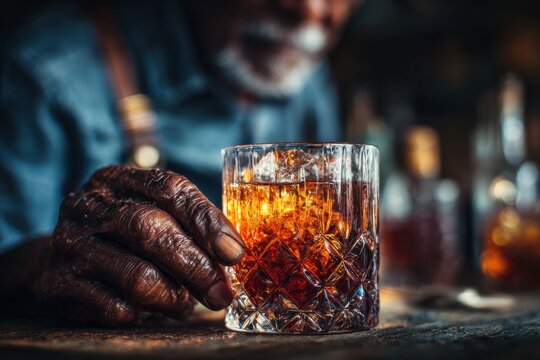 Close-up shot of a senior African American man's hand holding a glass of whiskey, reflecting a life of experience and character in a warm, inviting ambiance.
