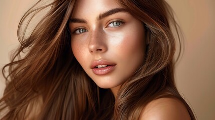 Flowing chestnut brown straight hair a silky texture that catches the light beautifully ideal for beauty photography