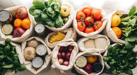 Assortment Of Fresh Produce Displayed In Reusable White Bags on White Surface