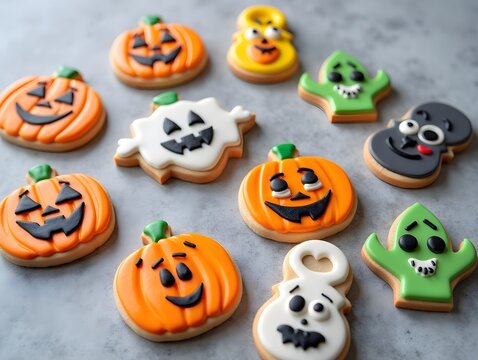 Halloween character cookies on a grey background, colorful and creatively decorated, various spooky faces