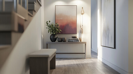 modern entryway with a minimalist console table, grey and white soft natural light, and layered textures. Alt text, A minimalist entryway with layered lighting, clean lines, and soft neutral colors