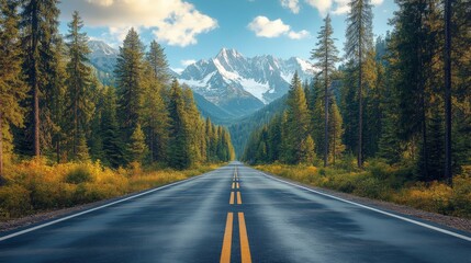 Serene Road Through Lush Forests and Majestic Snowy Mountains