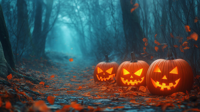 Glowing jack o lanterns carved pumpkins in a spooky forest path for halloween decorations