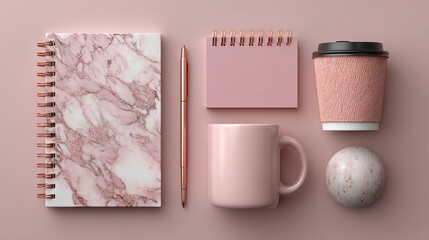 Flat lay of marble notebook, pen, notepad, coffee cup, mug, and sphere on a pink background.