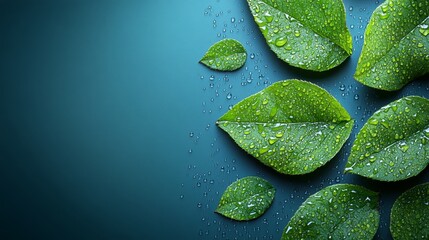 Fresh Green Leaves with Water Drops on a Blue Background