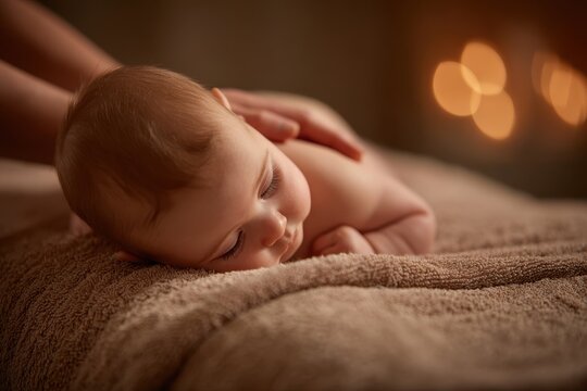 A peacefully sleeping baby receiving a gentle back massage from a caring adult, soft focus background, serene atmosphere, promoting relaxation and well-being, motherhood.